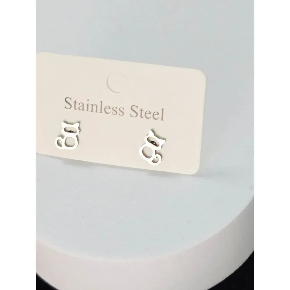 Cat Outline Stud Earrings Dainty Silver Stainless Steel Minimalist Pet Lover